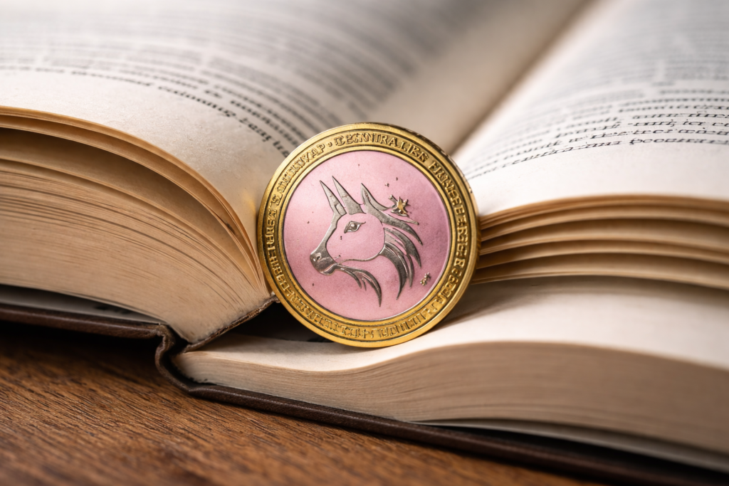 A cryptocurrency token featuring a unicorn emblem resting on the pages of an open book.
